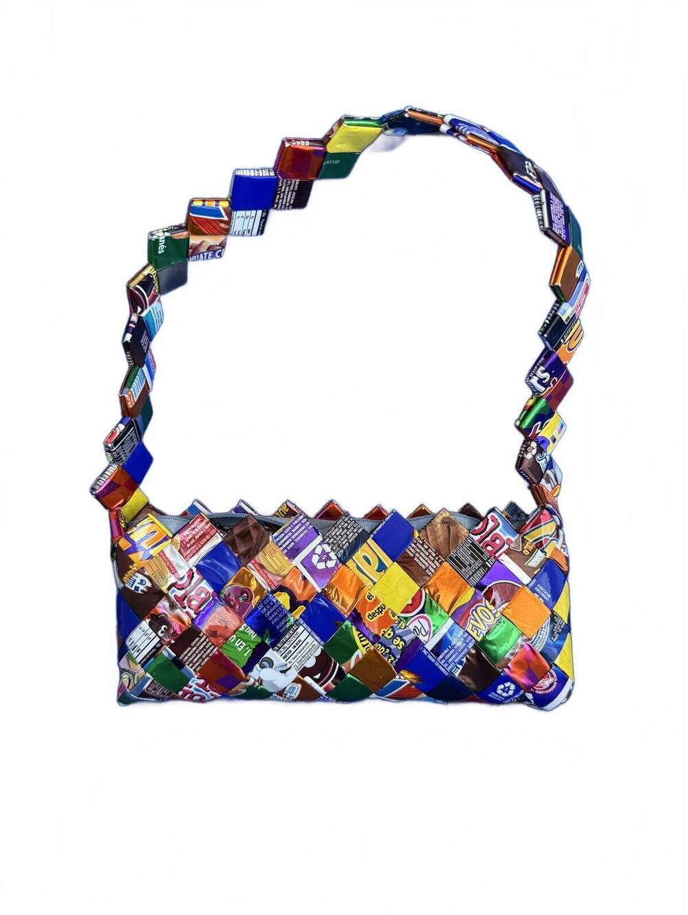 Colorful Retro Candy Wrapper Purse Shoulder White Zip Wearable Art Upcycle